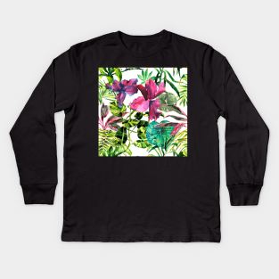 Seamless tropical flower, plant and leaf pattern background Kids Long Sleeve T-Shirt